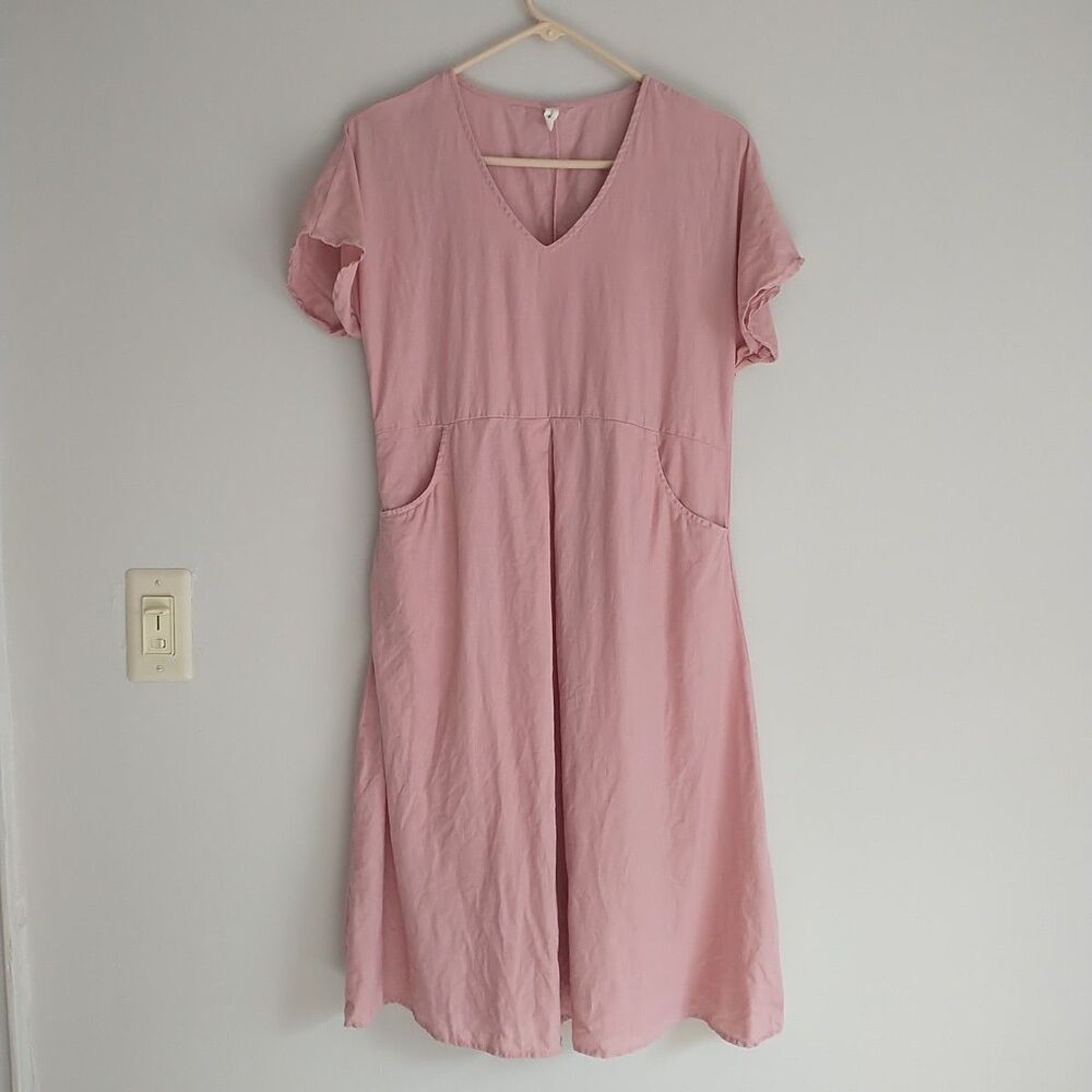 Grae Cove Midi Dress S Pink 100% Linen Short Sleeve Pockets V Neck Flared